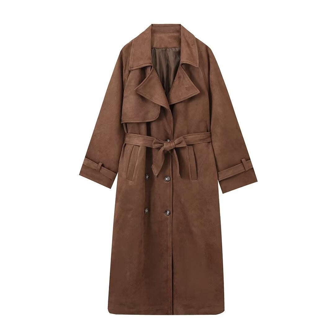 Women's longer suede trench coat with waist belt Mune Fashion
