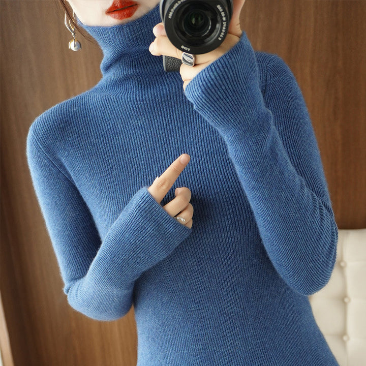 Women's Slim Roll Neck Sweater made of Cashmere Mix with Extra Long Sleeve Cuffs Mune Fashion