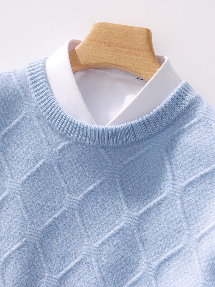 Men's Structured Diamond Knit Sweater with Crew Neck and Cashmere-like Softness Mune Fashion