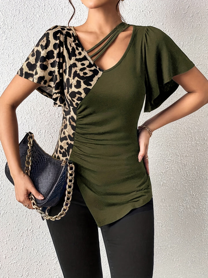 Women's asymmetrical stretch tunic with leopard print side insert and multiple straps Mune Fashion
