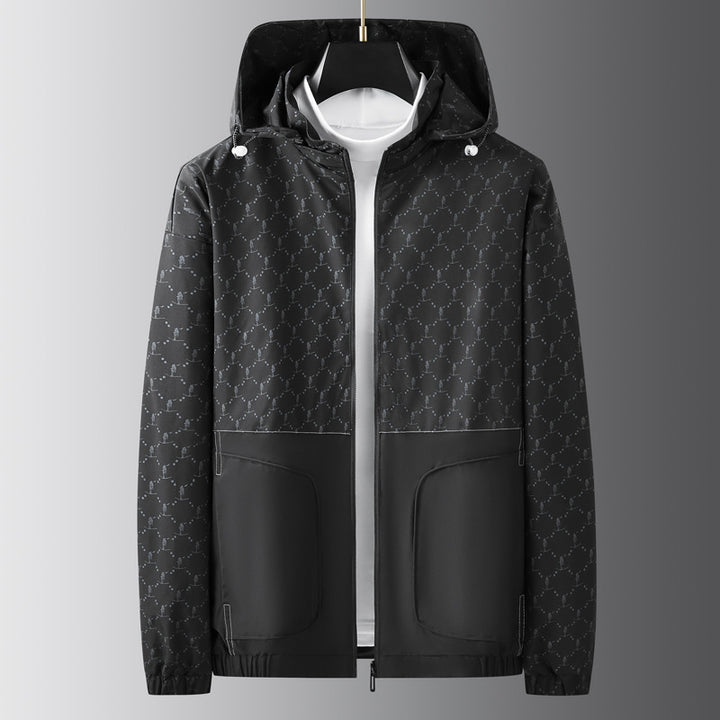 Men's Light Water-Repellent Hooded Outdoor Jacket with Allover Pattern and Large Pockets Mune Fashion