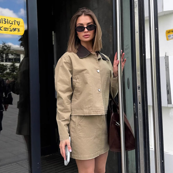 Women's Two-Piece Cotton Utility Set with Cropped Jacket and Mini Skirt Mune Fashion