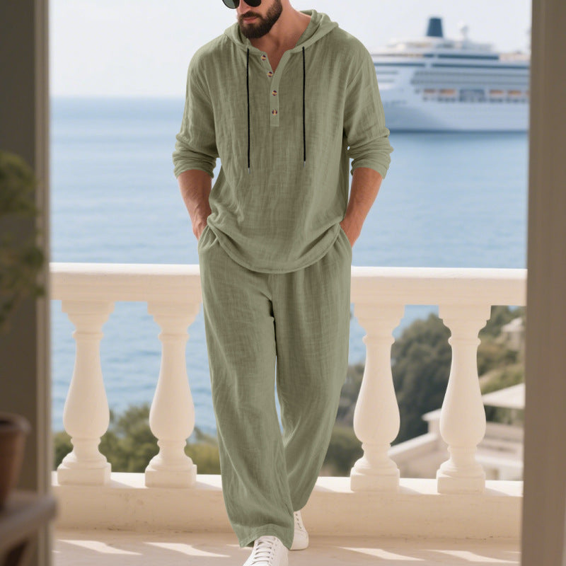 Men's casual linen two-piece set with hooded Henley-style shirt and loose-fitting leisure pants Mune Fashion