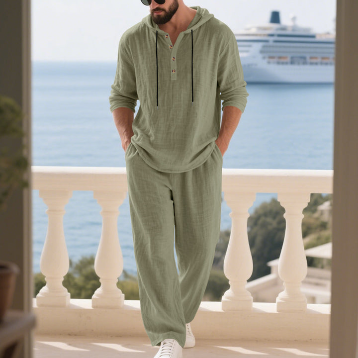 Men's casual linen two-piece set with hooded Henley-style shirt and loose-fitting leisure pants Mune Fashion