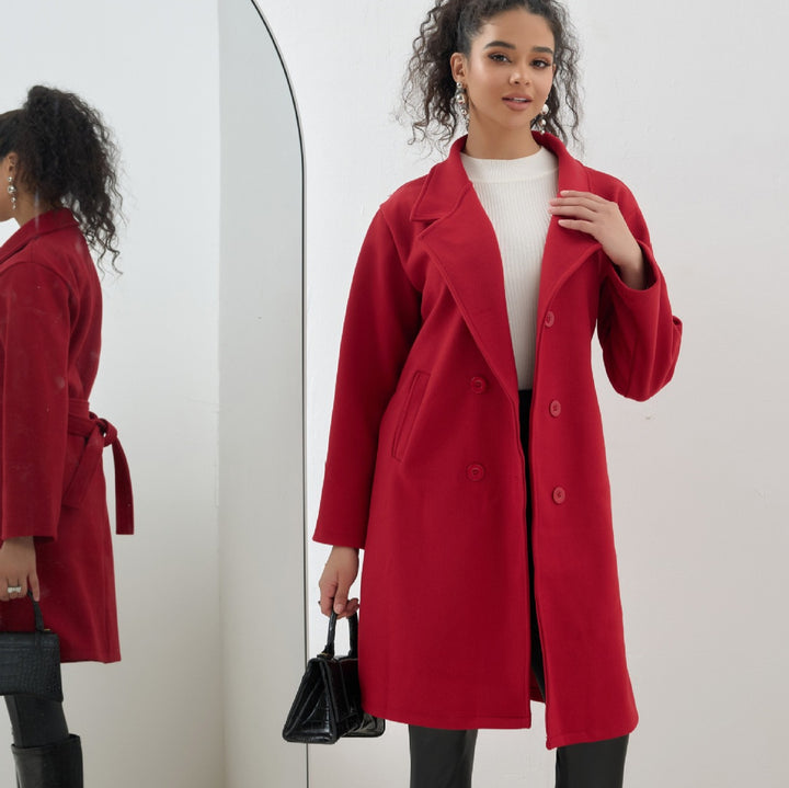 Ladies Elegant Knee-Length Double-Breasted Wool Blend Coat with Notched Lapel Mune Fashion