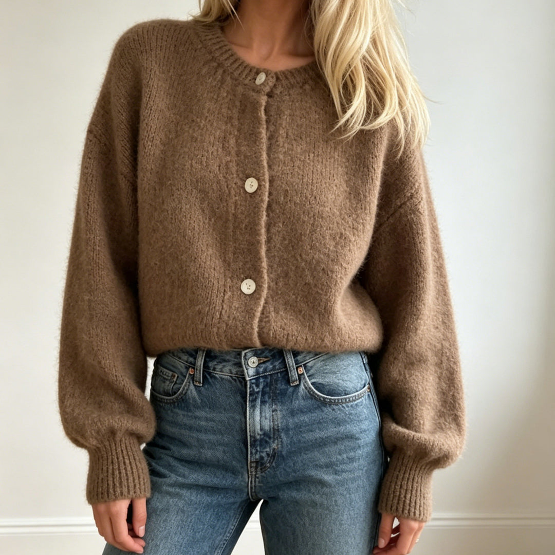 Women's Cozy Mohair-Look Cardigan with Round Neck and Balloon Sleeves Mune Fashion