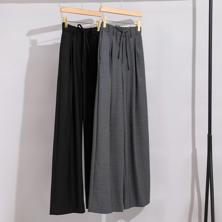 Women's Wide High-Waist Trousers with Drawstring and Crease Mune Fashion