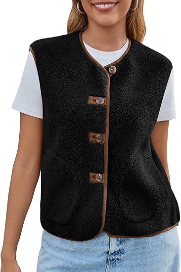 Women's Teddy Fleece Vest with Round Neckline and Button Closure Mune Fashion