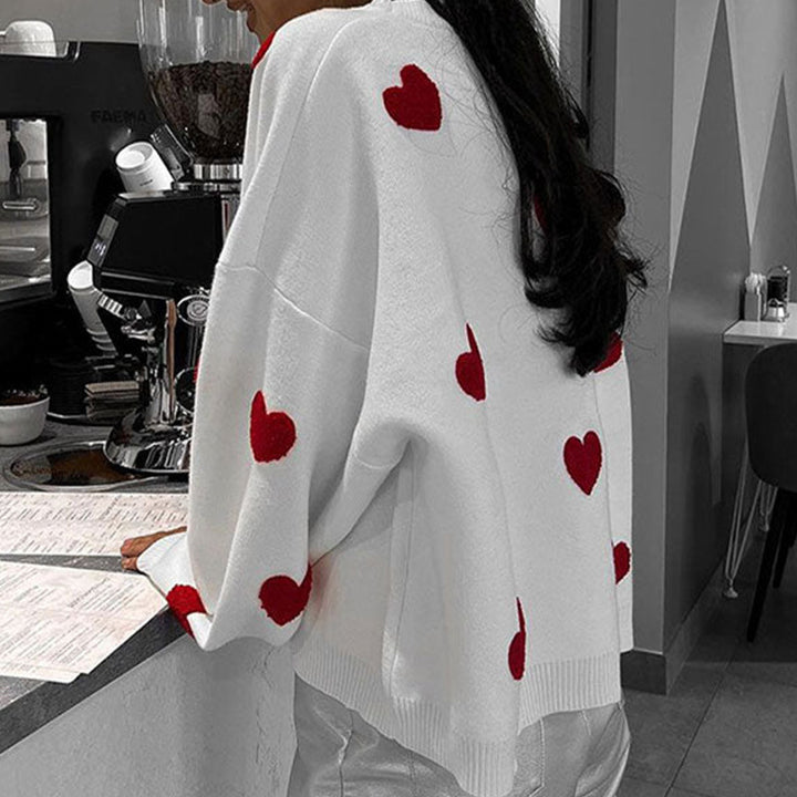 Women's Oversized Fine Knit Sweater with Allover Heart Intarsia and Dropped Shoulders Mune Fashion