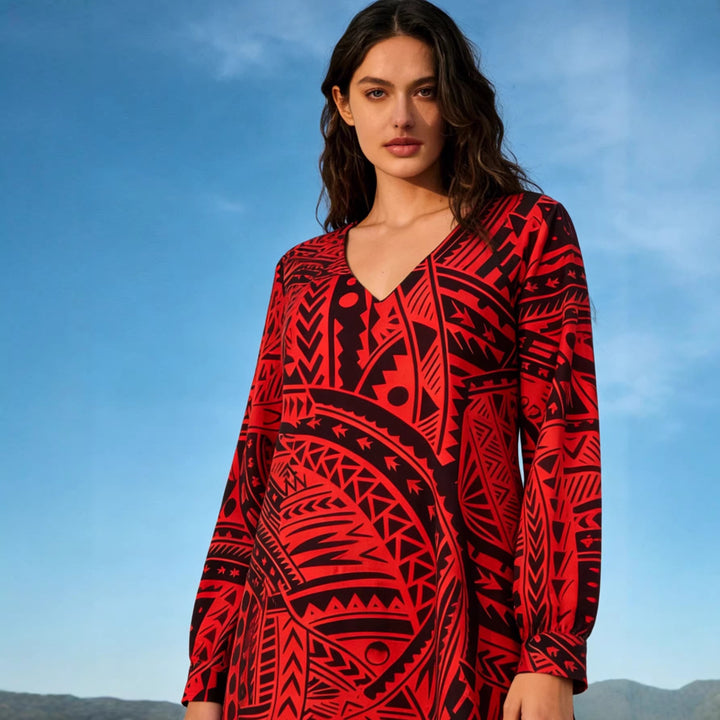 Women's Flowy Maxi Dress with V-Neck, all-over geometric print and wide A-line silhouette