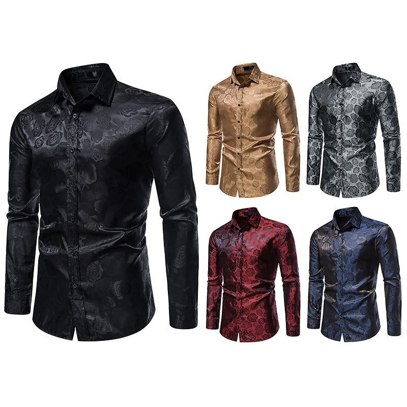 Men's Elegant Shirt with Floral Jacquard Pattern and Satin Gloss Mune Fashion