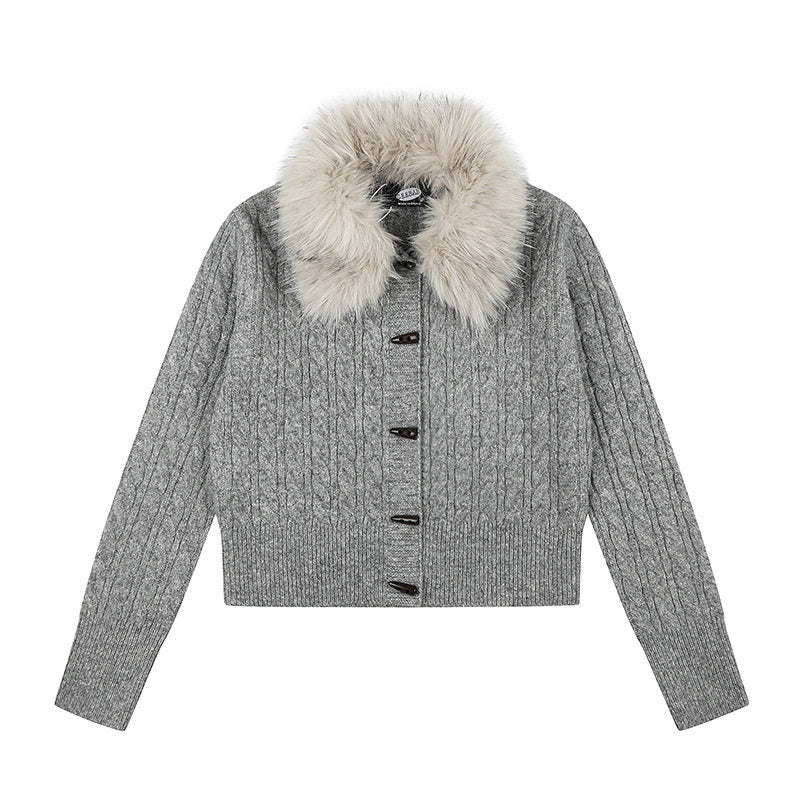 Women's Short Cable Knit Cardigan with Removable Faux Fur Collar and Toggle Button Closure Mune Fashion