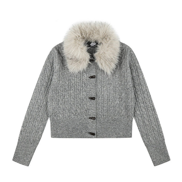 Women's Short Cable Knit Cardigan with Removable Faux Fur Collar and Toggle Button Closure Mune Fashion