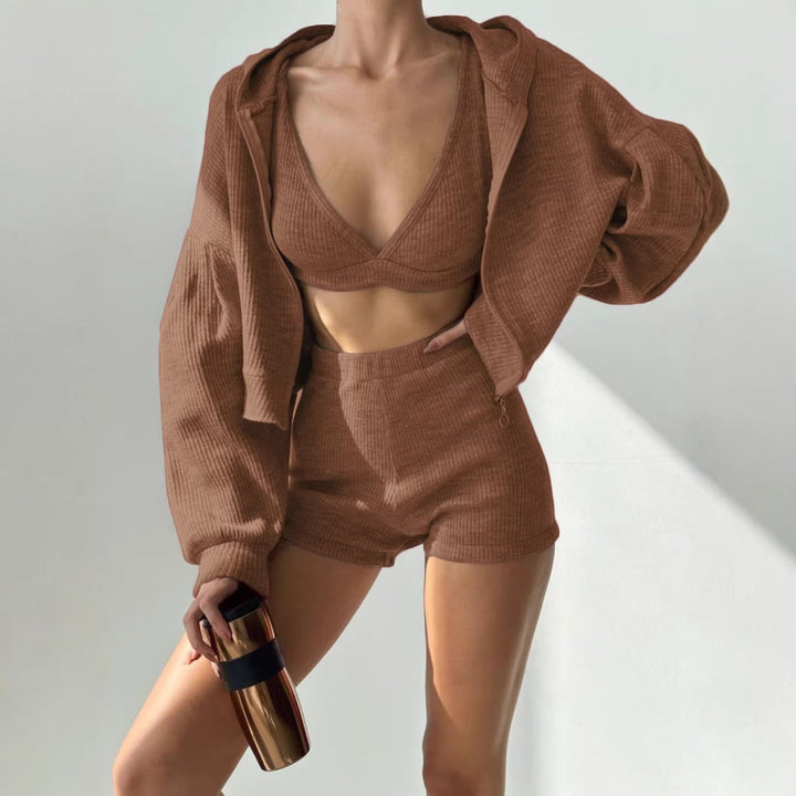 Women Ribbed Lounge Set with Zip Hoodie, Stretch Bralette and High-Waist Shorts Mune Fashion