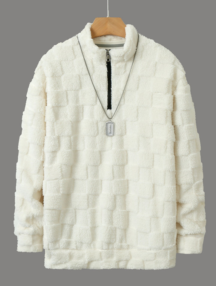 Men's Checked Sherpa Half-Zip Pullover with High Stand Collar and Soft Teddy Fleece Quality Mune Fashion