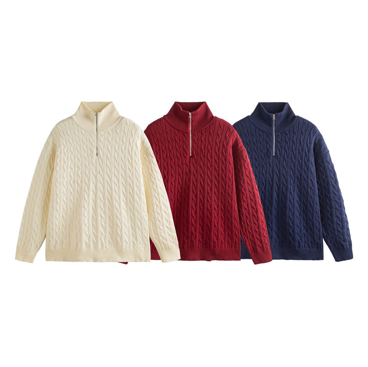 Unisex Thick Knit Cable Pattern Sweater with Half Zip and High Ribbed Collar Mune Fashion