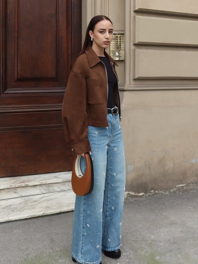 Ladies Short Suede Look Jacket with Zipper and Oversized Sleeves Mune Fashion