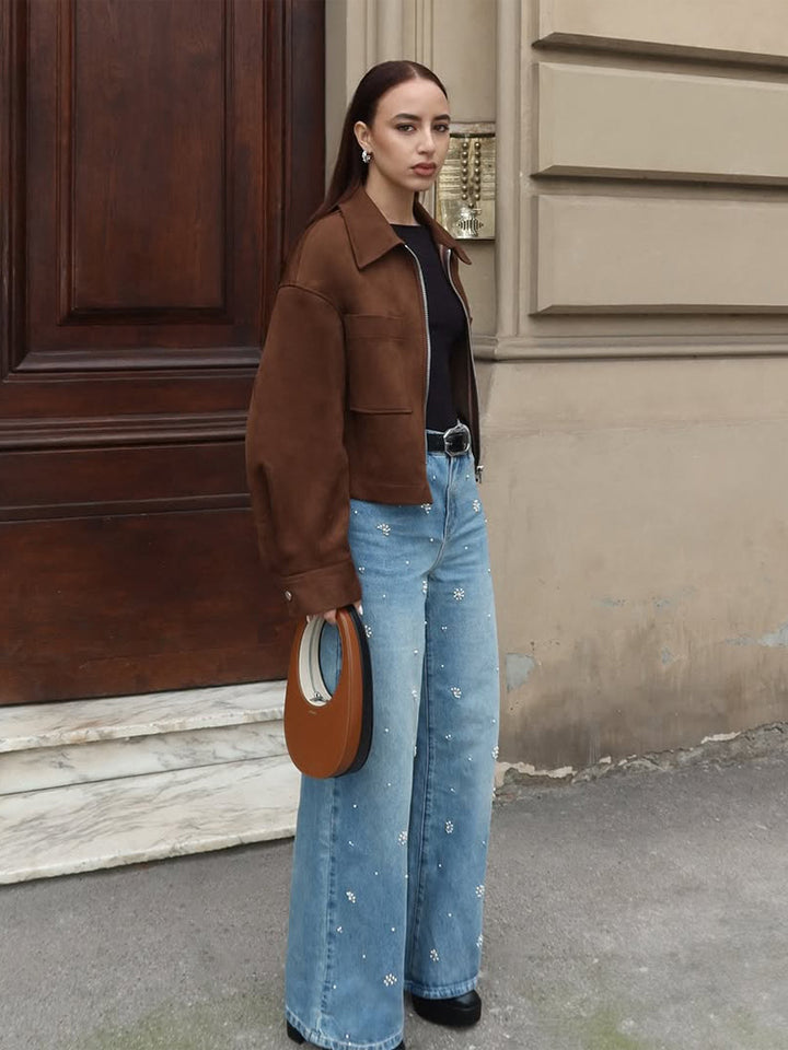 Ladies Short Suede Look Jacket with Zipper and Oversized Sleeves Mune Fashion