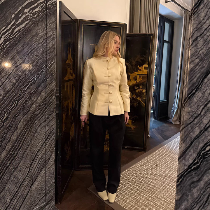 Women's Tailored Satin Blazer with Stand Collar, Decorative Cord Buttons and Peplum Mune Fashion