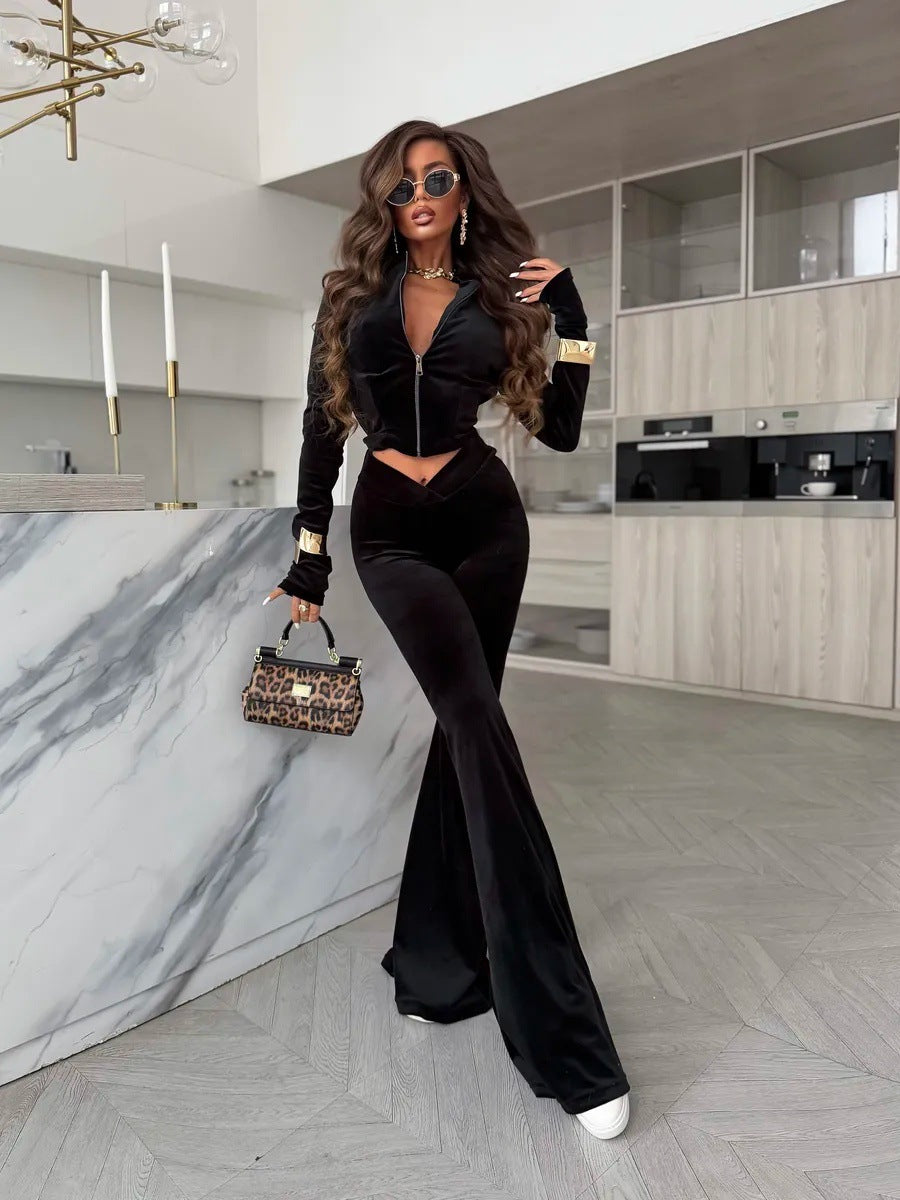 Women Velvet Cropped Set with Zipper Jacket and V-shaped High Waist Flared Pants Mune Fashion