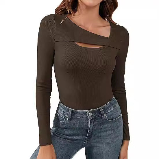 Women's Ribbed Long Sleeve Shirt with Asymmetrical Off-Shoulder Neckline and Chest Cut-Out Mune Fashion