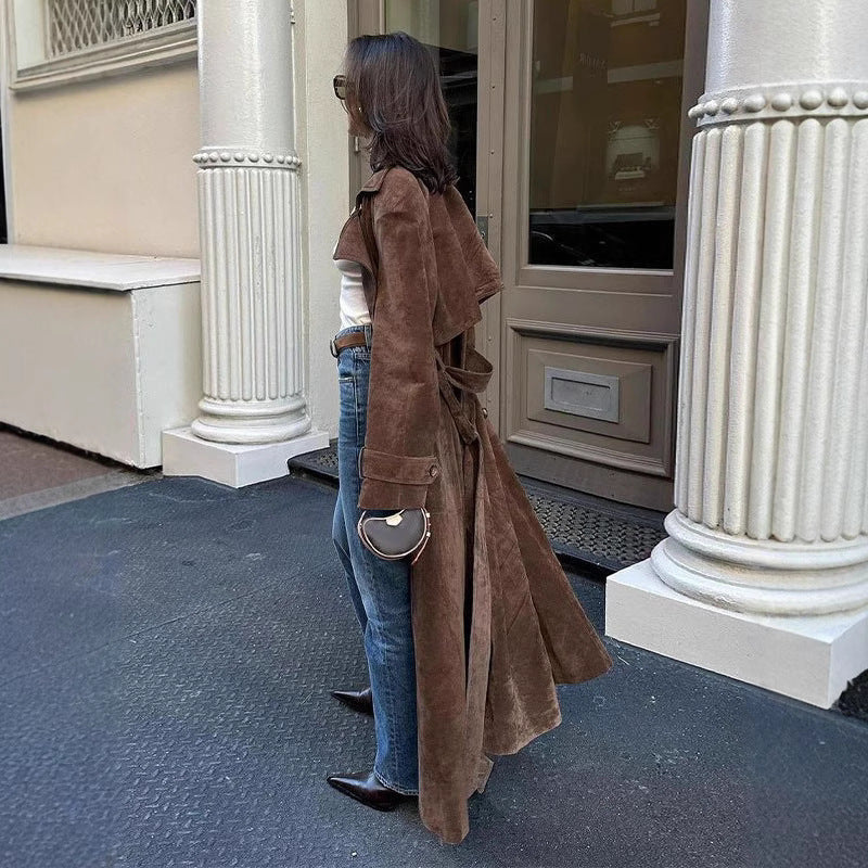 Women's longer suede trench coat with waist belt Mune Fashion