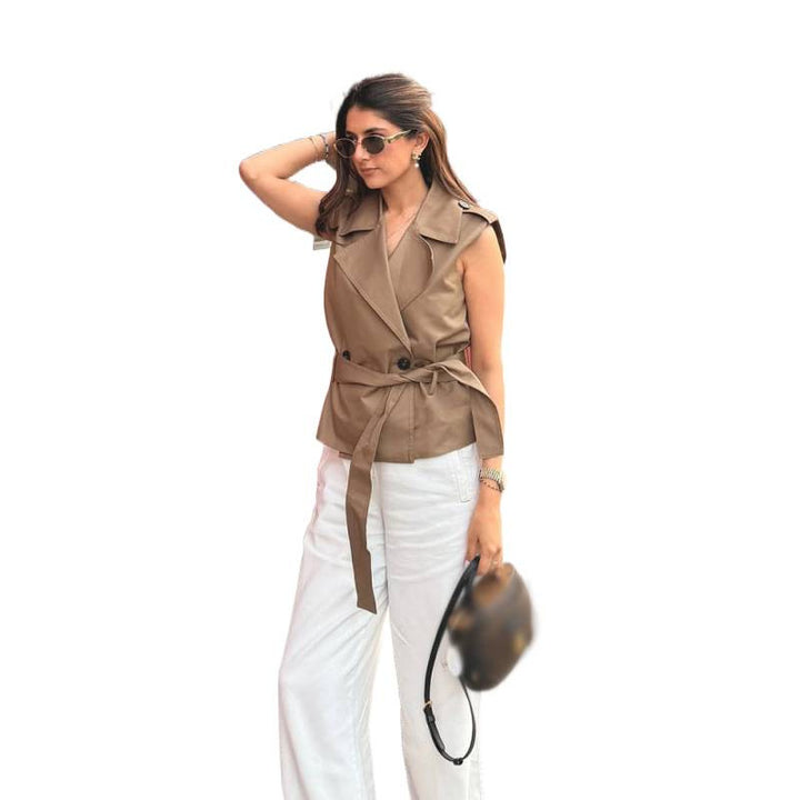 Women’s Sleeveless Tailored Trench Vest with Ties & Shoulder Flaps Mune Fashion