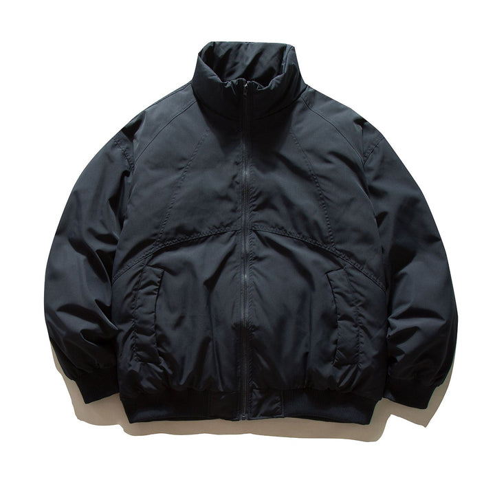 Men's boxy padded bomber jacket with high stand-up collar, elastic hem, and practical side pockets.