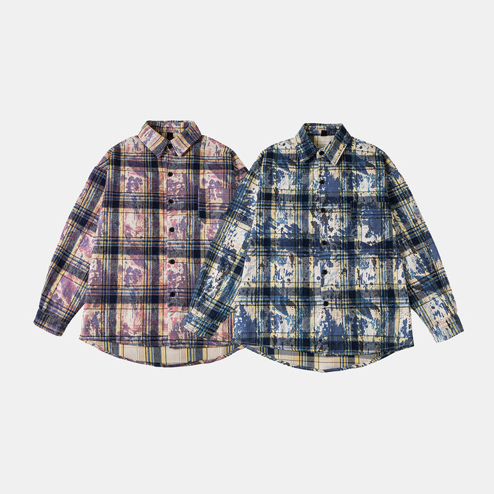 Unisex Overshirt Shirt Jacket in checked cotton blend with artistic paint effect Mune Fashion