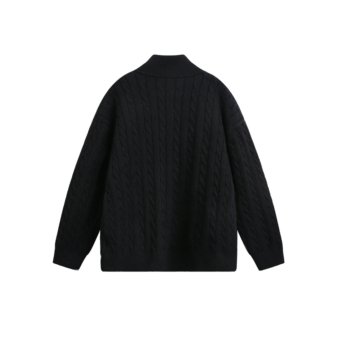 Unisex chunky knit pullover with cable pattern, high stand-up collar and two-way zipper Mune Fashion