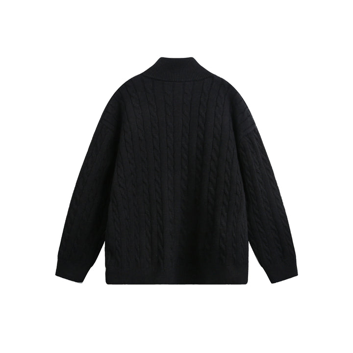 Unisex chunky knit pullover with cable pattern, high stand-up collar and two-way zipper Mune Fashion