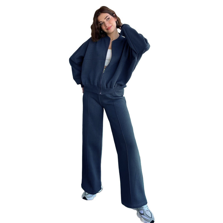 Women's Oversized Zip-Hoodie Set with Cropped Top and Wide Seam Sweatpants Mune Fashion