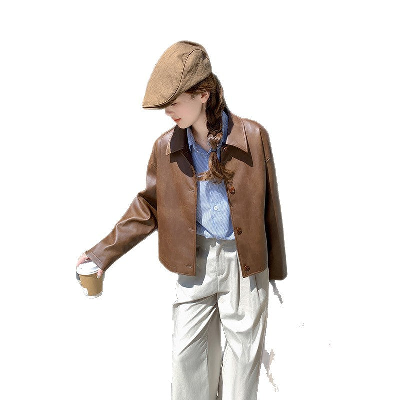 Women Short Boxy Leather Jacket with Shirt Collar Mune Fashion