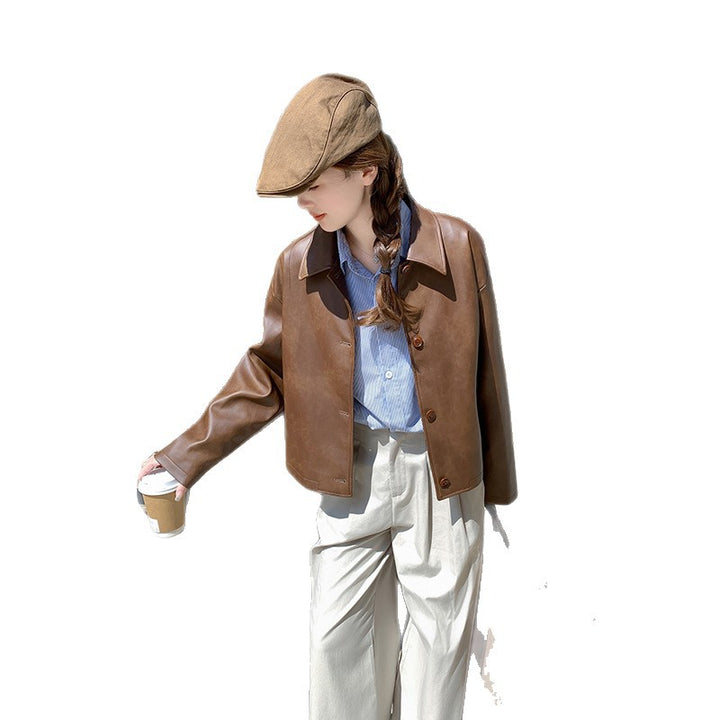 Women Short Boxy Leather Jacket with Shirt Collar Mune Fashion