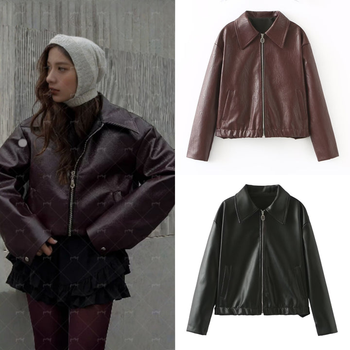 Women Short Oversized Leather Look Jacket with Zipper, Hem Band and Kent Collar Mune Fashion