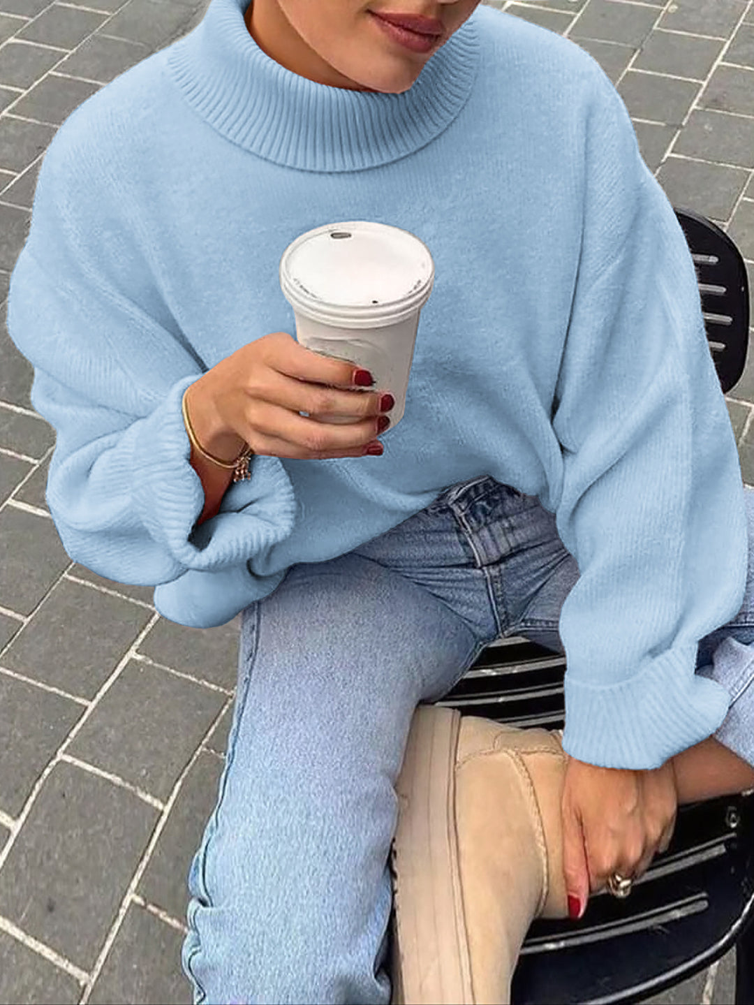 Women's oversized turtleneck sweater with wide ribbed collar, voluminous balloon sleeves, and extended cuffs Mune Fashion