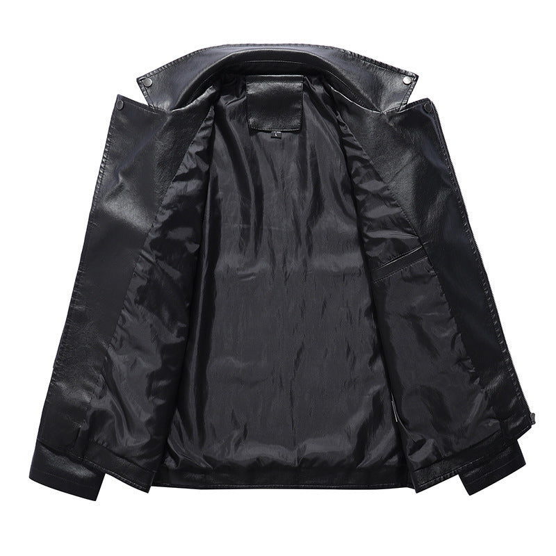 Men's biker leather-look jacket with asymmetrical zipper, shoulder patches, and quilted sleeve section Mune Fashion