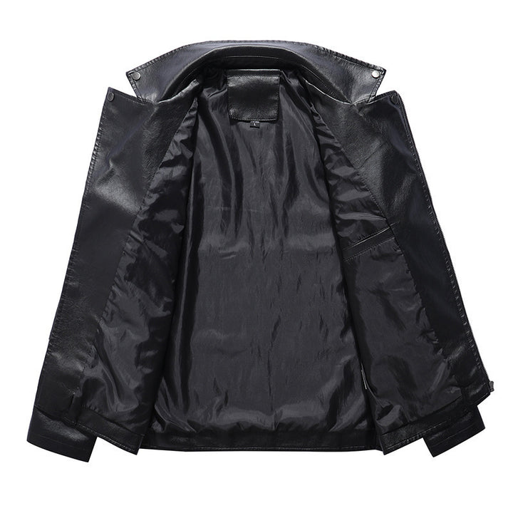 Men's biker leather-look jacket with asymmetrical zipper, shoulder patches, and quilted sleeve section Mune Fashion