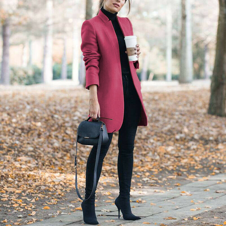 Women's tailored wool coat with stand-up collar and concealed button placket Mune Fashion