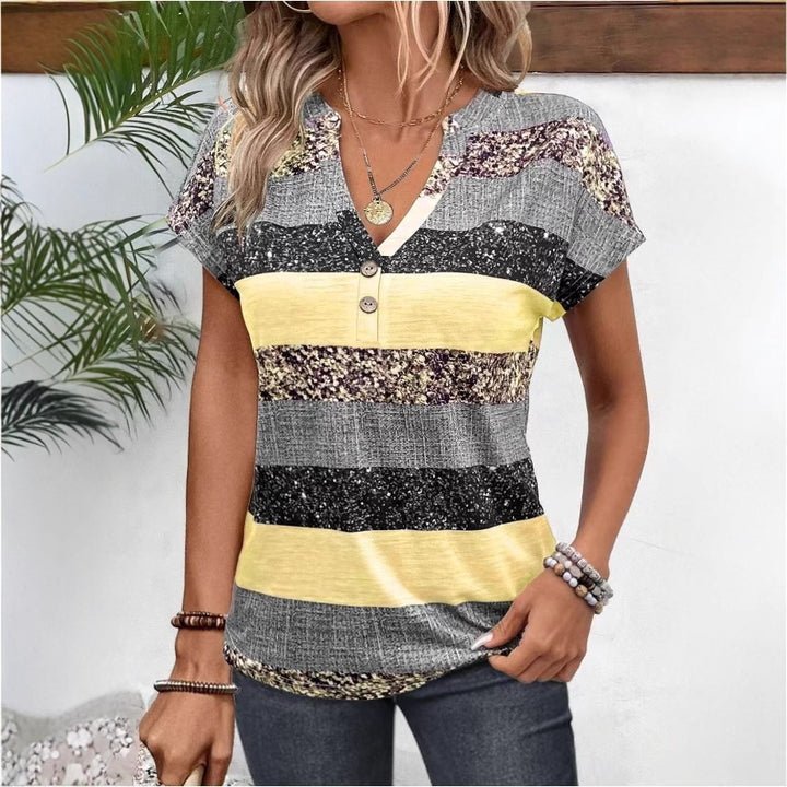 Women's loose short sleeve tunic top with V-neck decorative button placket and rounded hem Mune Fashion