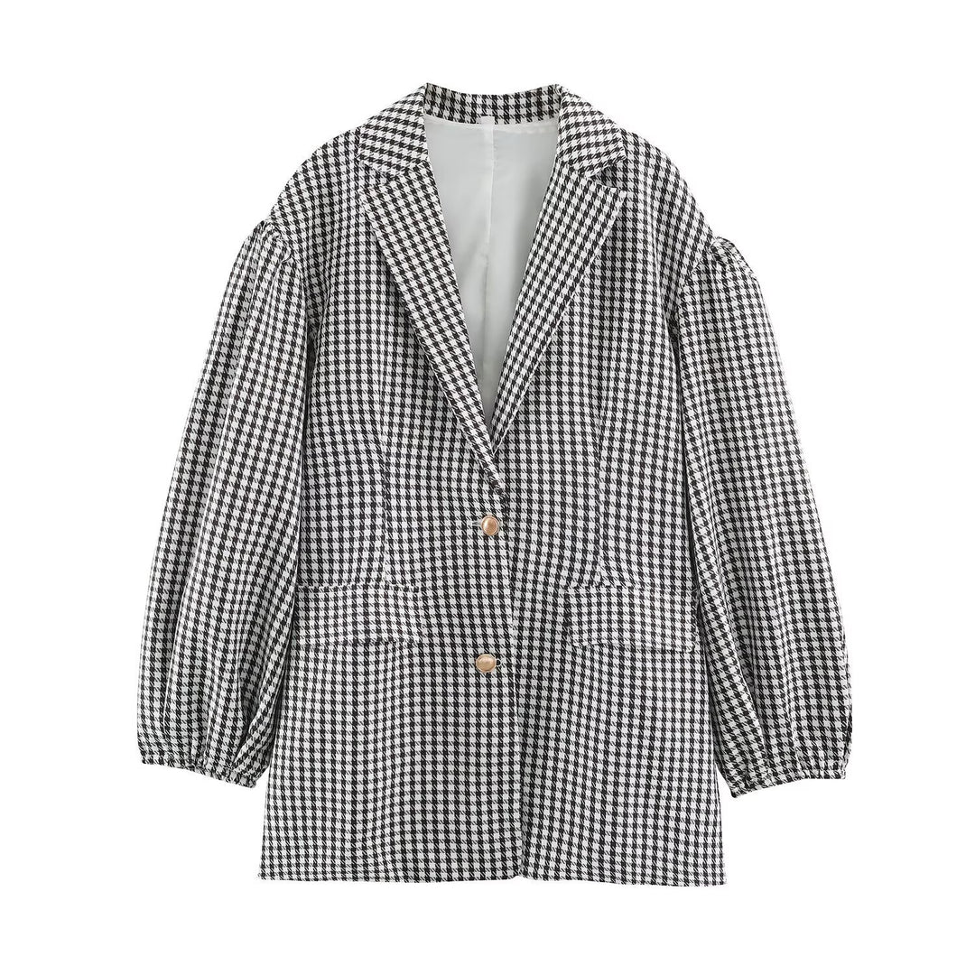 Women Oversized Blazer in Houndstooth Pattern with Balloon Sleeves and Patching Pockets Mune Fashion