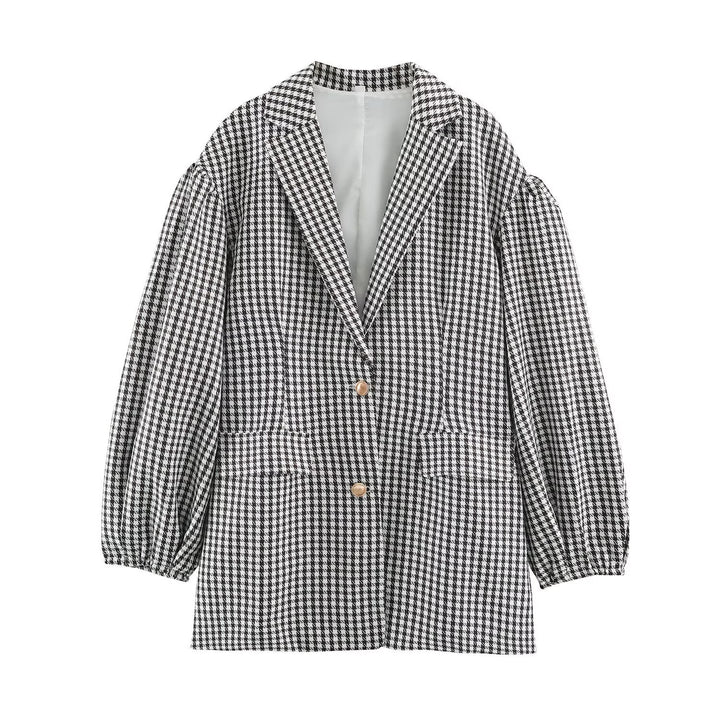 Women Oversized Blazer in Houndstooth Pattern with Balloon Sleeves and Patching Pockets Mune Fashion