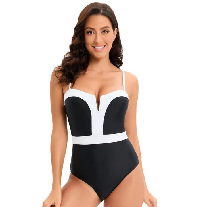 Women Elegant One-Piece Swimsuit with Deep V-Neck and Contrasting Details Mune Fashion