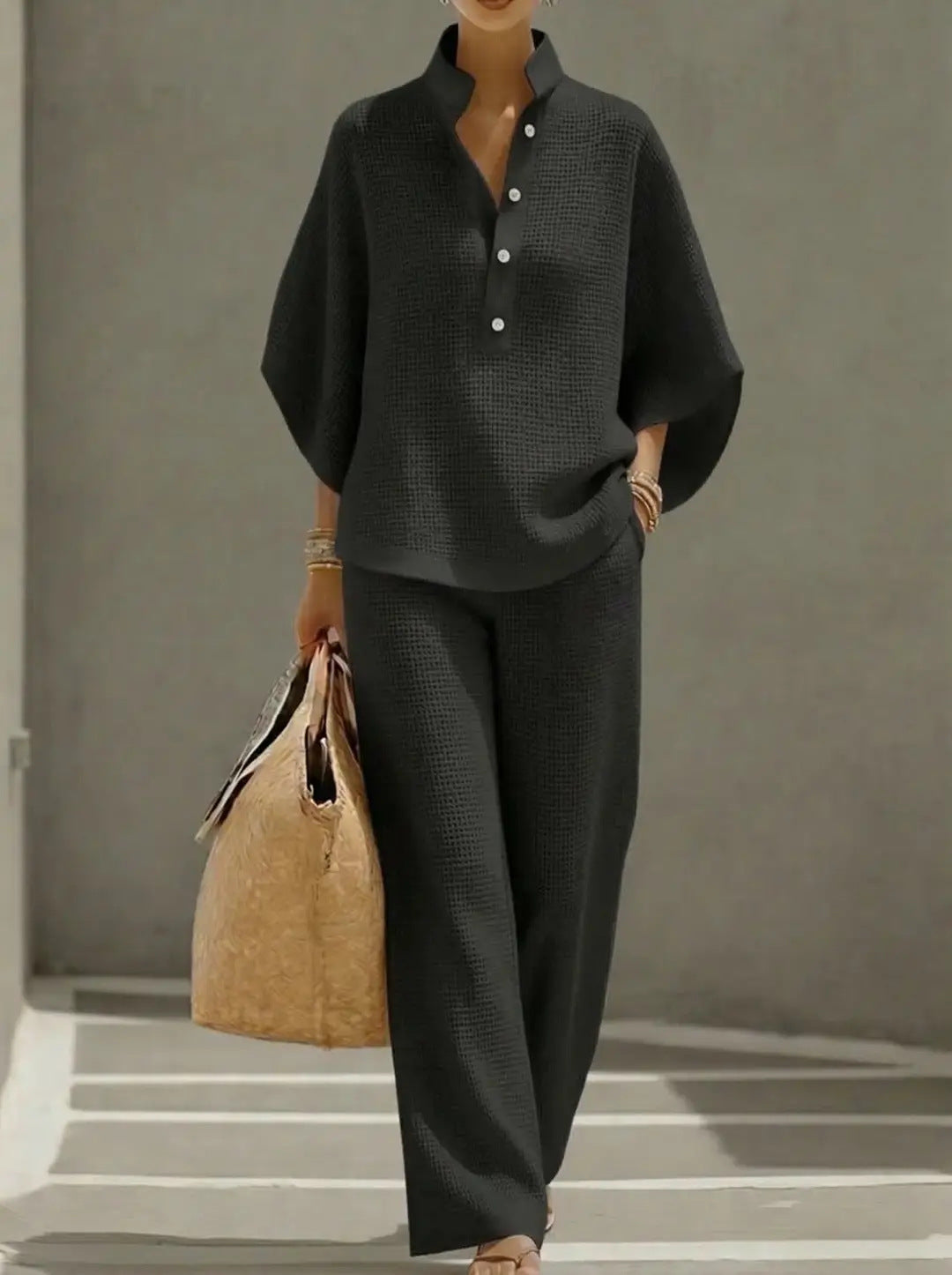 Women's Lightweight Waffle Knit Two-Piece Set with Stand Collar, Button Placket, and Palazzo Pants Mune Fashion