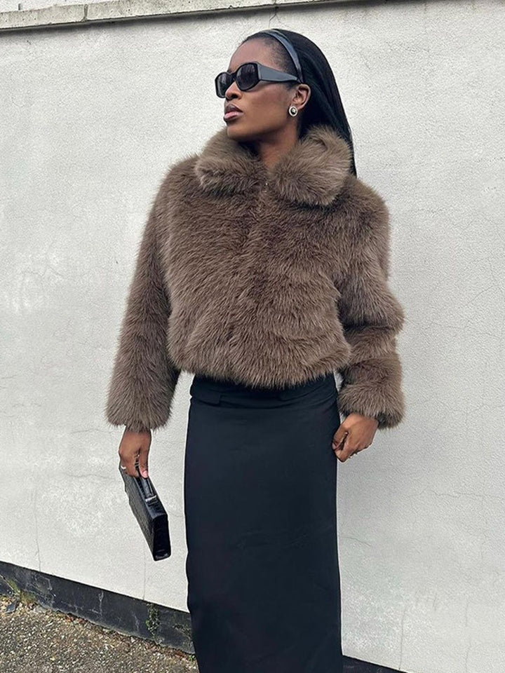 Women Short Boxy Faux Fur Blouson with Voluminous Shawl Collar and Lined Interior Mune Fashion