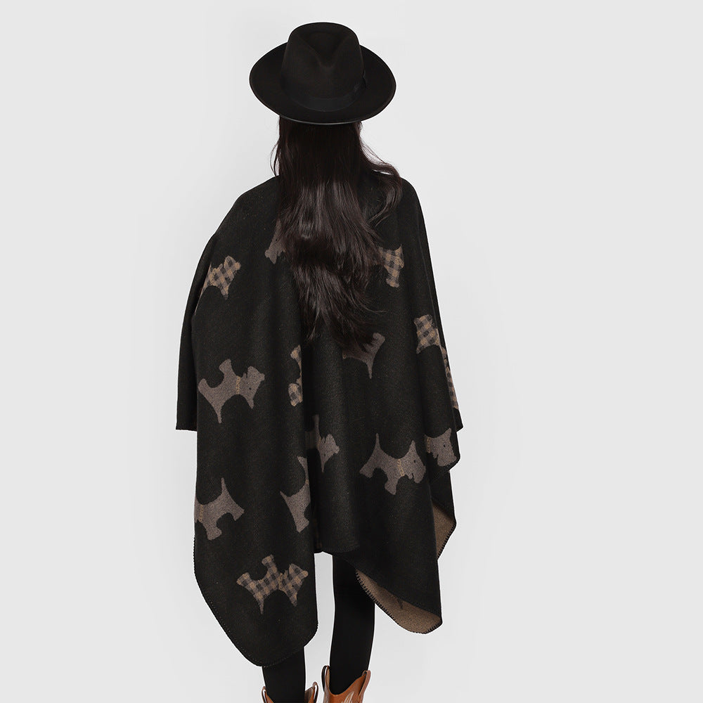 Women Oversized Poncho with jacquard woven Terrier motif and contrasting lining Mune Fashion