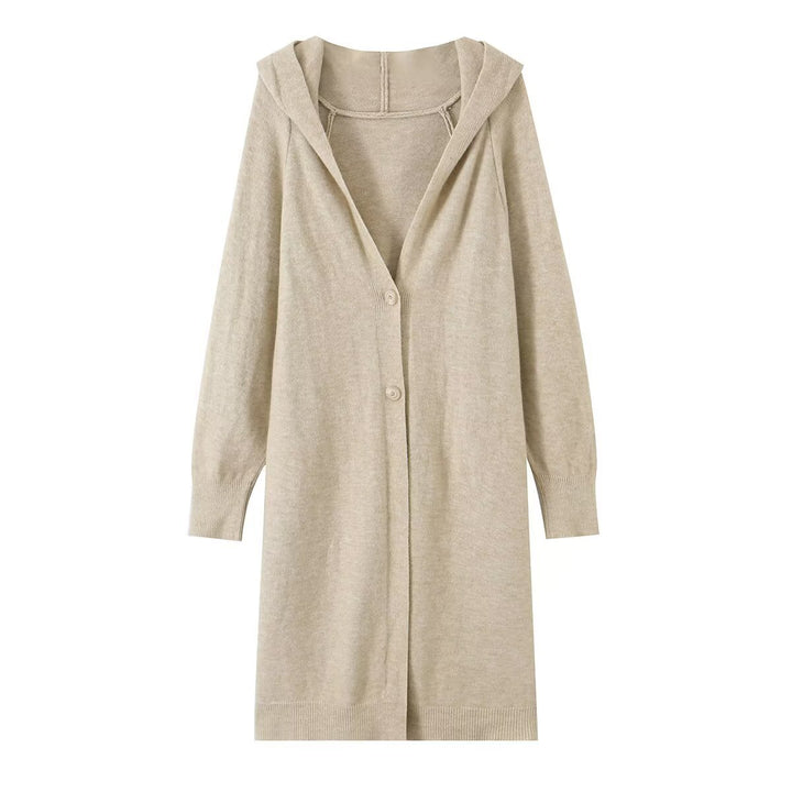 Women's Longline Knit Cardigan with Hood, Fine Knit and Button Closure Drune