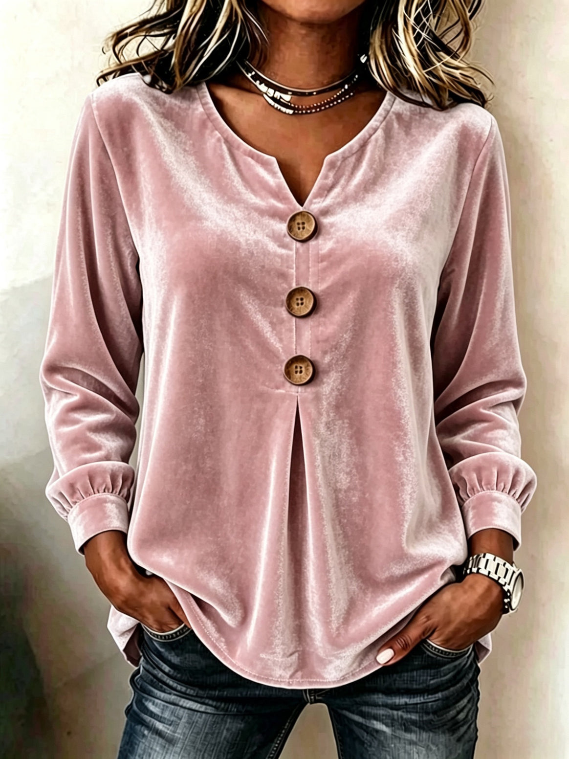 Women's Velvet Tunic with Decorative Buttons and Gathered Sleeve Cuffs Mune Fashion
