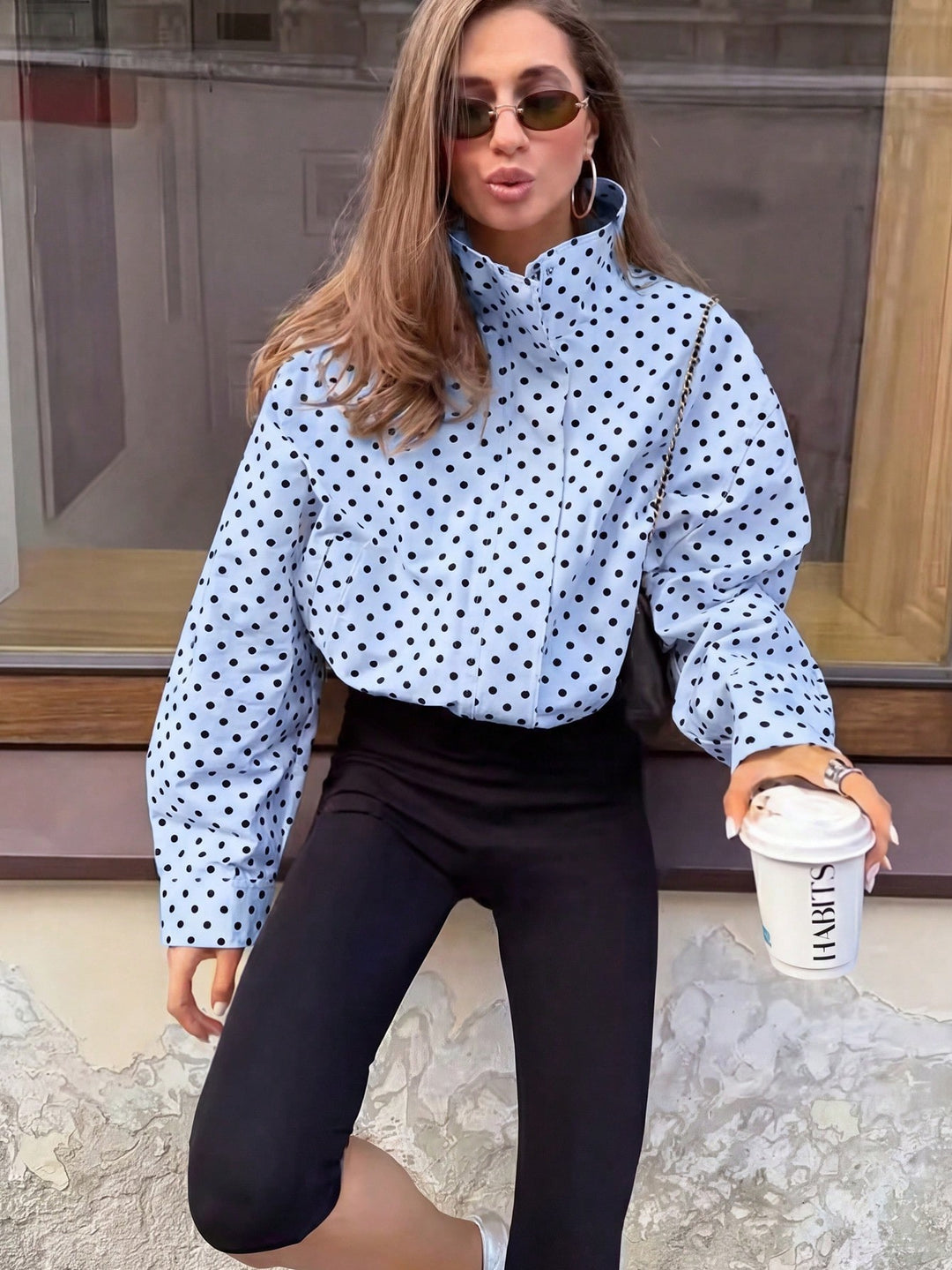 Women Polka-Dot Stand Collar Blouse with Oversized Balloon Sleeves Mune Fashion