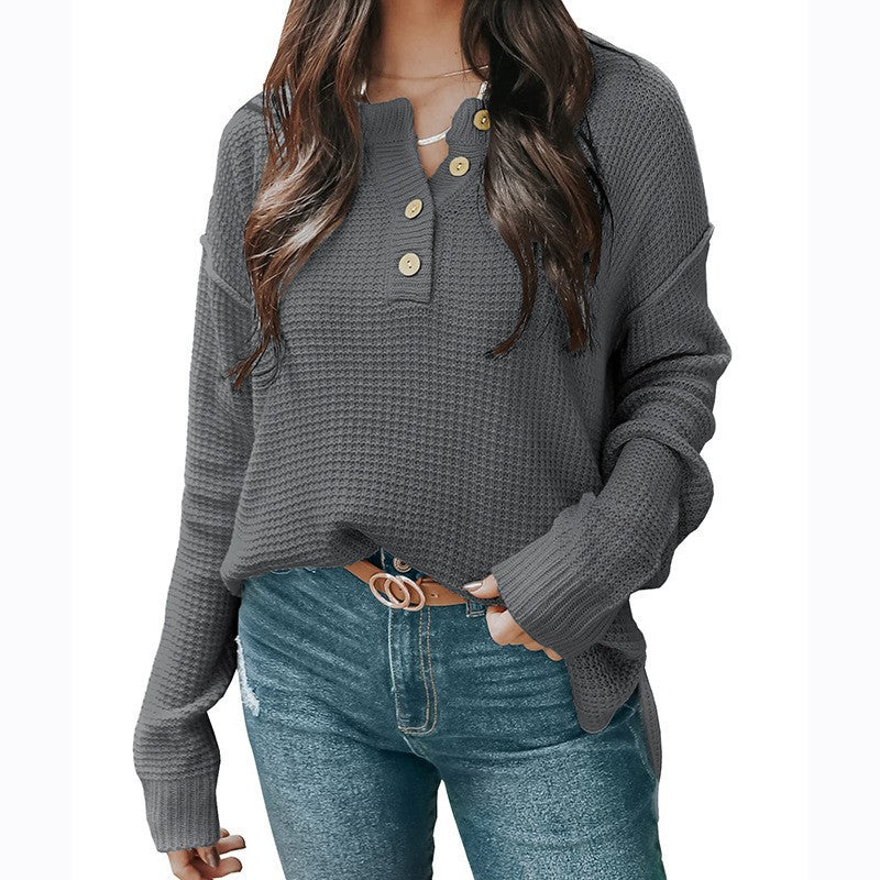 Women's Relaxed Waffle Texture Henley Pullover with Button Placket and Dropped Shoulder Mune Fashion